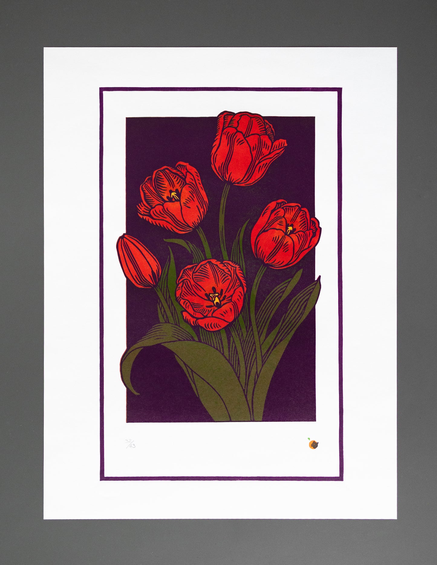 Red tulips print on a purple background with a white border