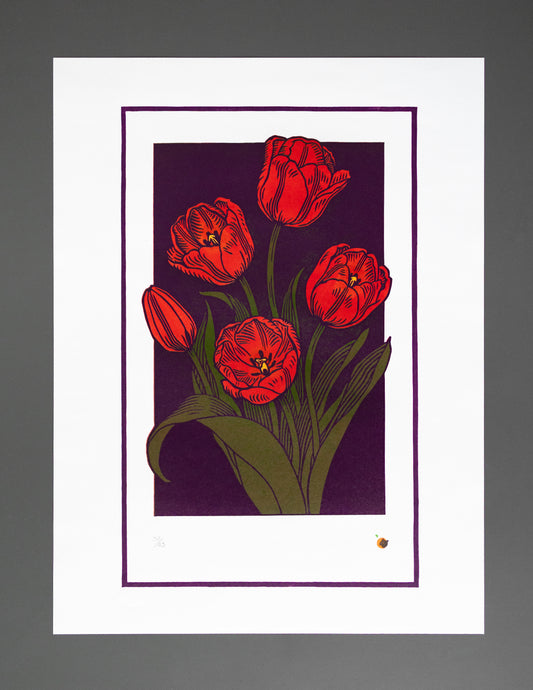 Red tulips print on a purple background with a white border